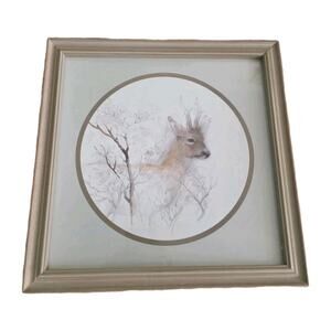 Vtg Framed Deer Sketch Matted Lithograph Woods Outdoors Hunting Man Cave Nursery